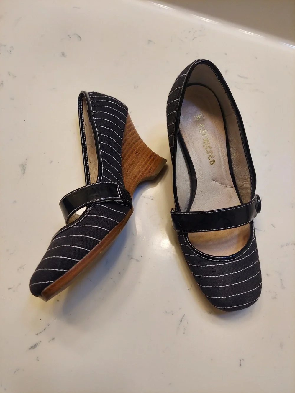 Restricted Black Pinstripe Mary Jane Wedges